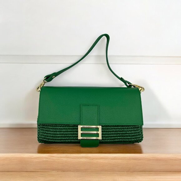 Italian Leather and Raffia Clutch/Handbag in Emerald Green - Picture 1 of 6